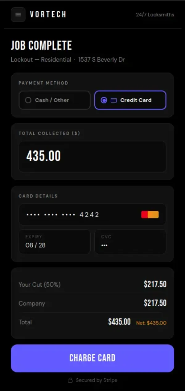 Vortech Pro app showing in-field card charge screen on technician's phone