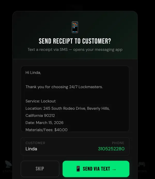 Vortech Pro app showing text receipt sent to customer after job completion