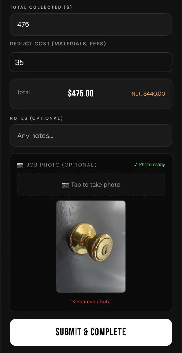 Vortech Pro app showing technician photo upload screen after job completion