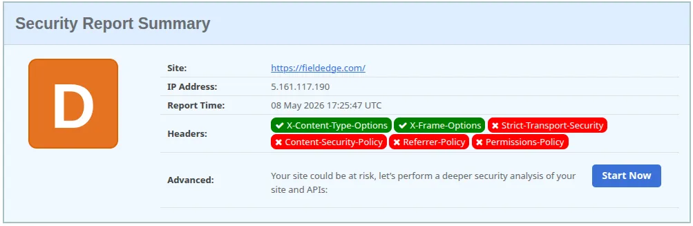FieldEdge security headers scan result showing D grade