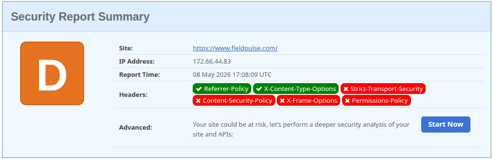 FieldPulse security headers scan result showing D grade