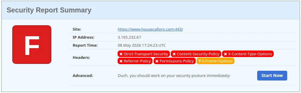 HousecallPro security headers scan result showing F grade