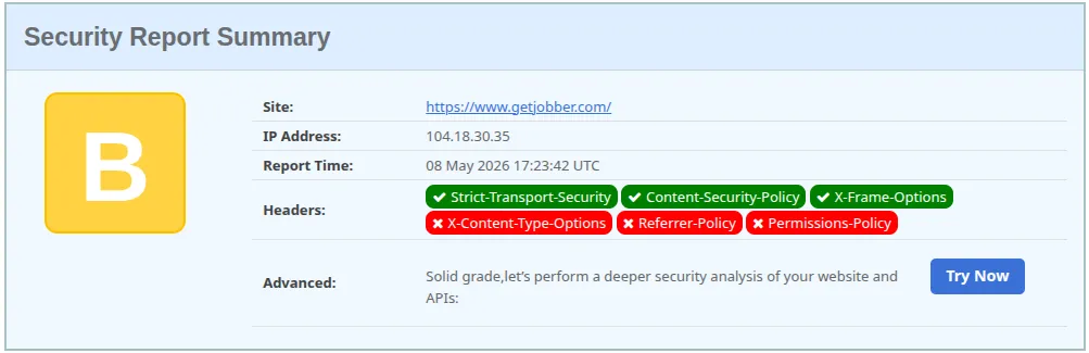 Jobber security headers scan result showing B grade