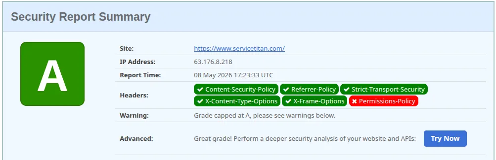 ServiceTitan security headers scan result