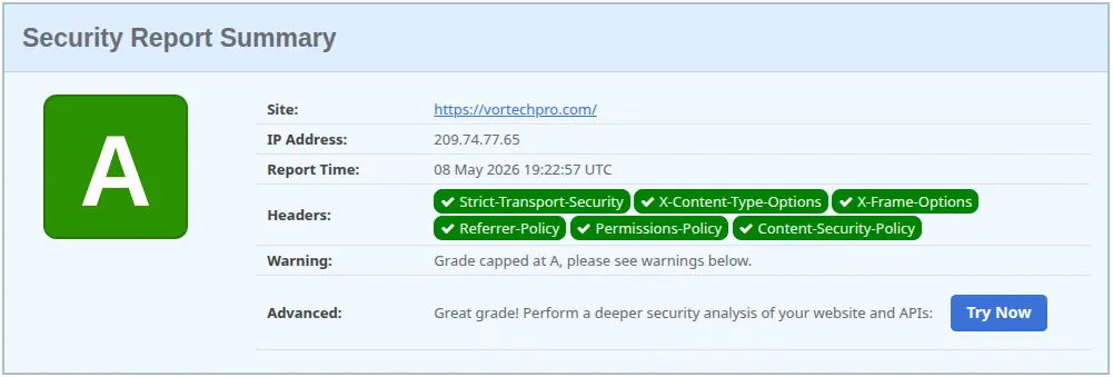 Vortech Pro security headers scan result showing A grade