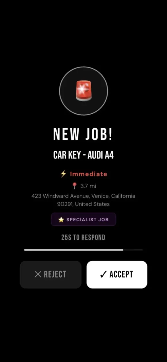 Vortech Pro™ technician job alert — Uber-style notification with accept button