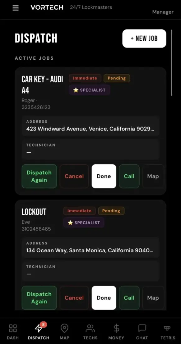 Vortech Pro™ office dashboard — live map, dispatch control, technician management