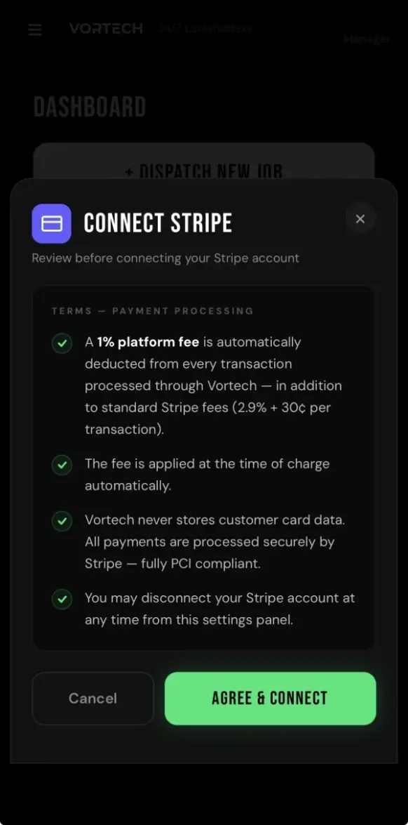 Vortech Pro™ Stripe Connect setup — connect your Stripe account in one tap