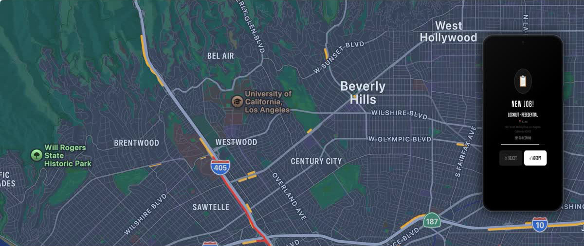 Vortech Pro live GPS dispatch on iPhone showing technician location on map